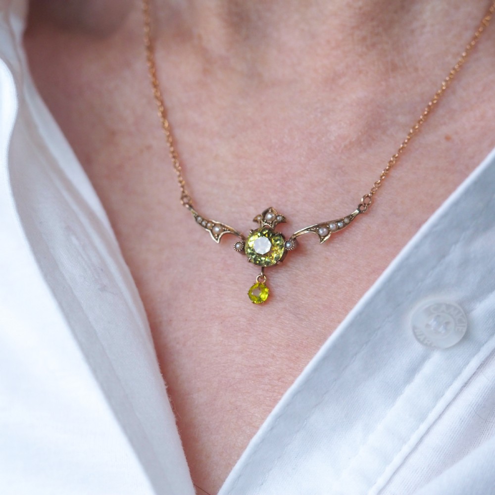Antique Edwardian Peridot & Pearl Necklace 9K Gold Art Nouveau c.1900 View XII