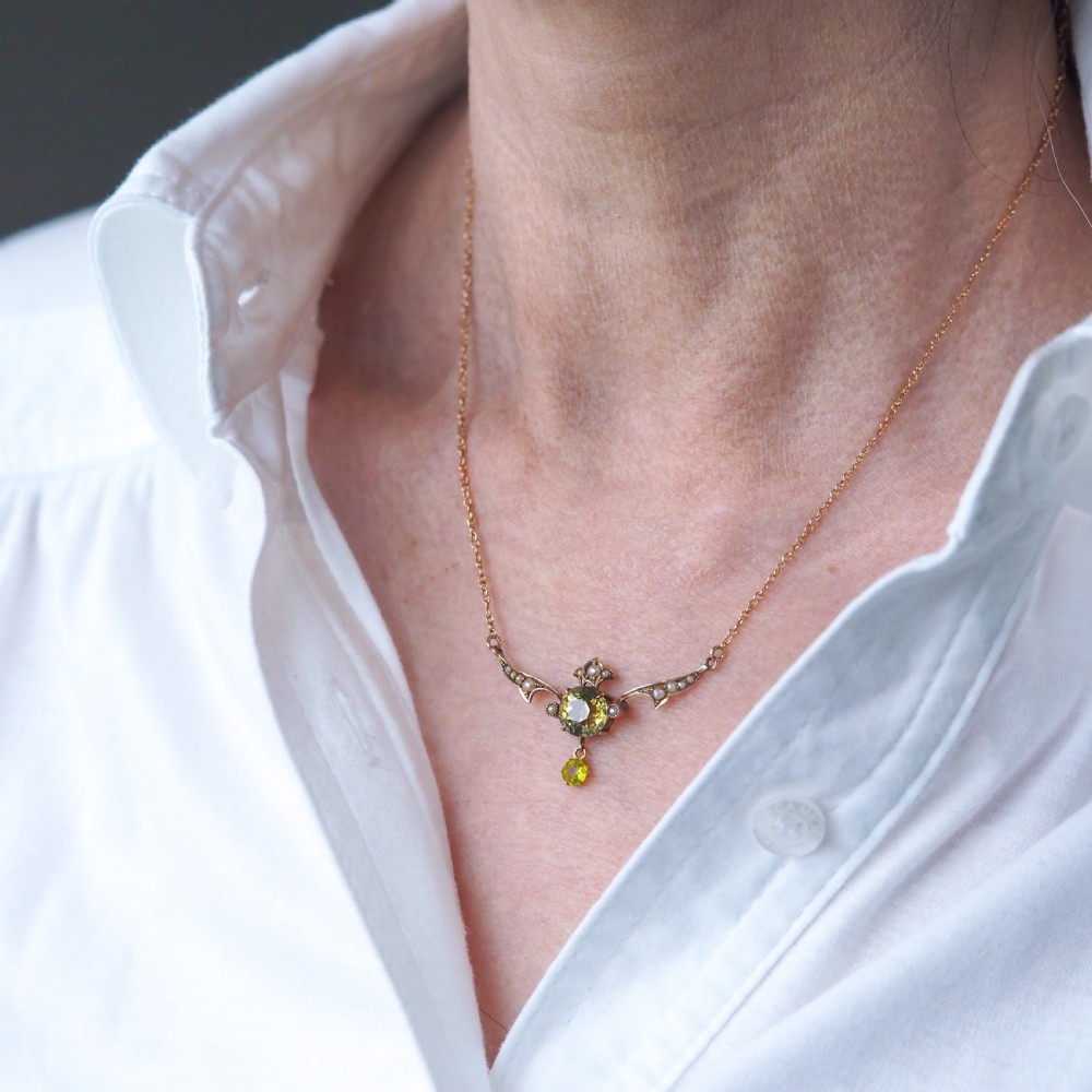 Antique Edwardian Peridot & Pearl Necklace 9K Gold Art Nouveau c.1900 View XIII