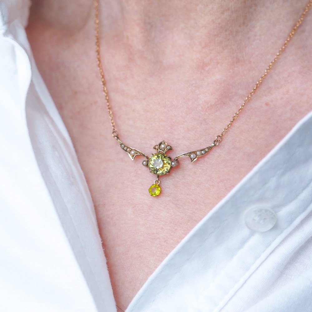 Antique Edwardian Peridot & Pearl Necklace 9K Gold Art Nouveau c.1900 View XIV