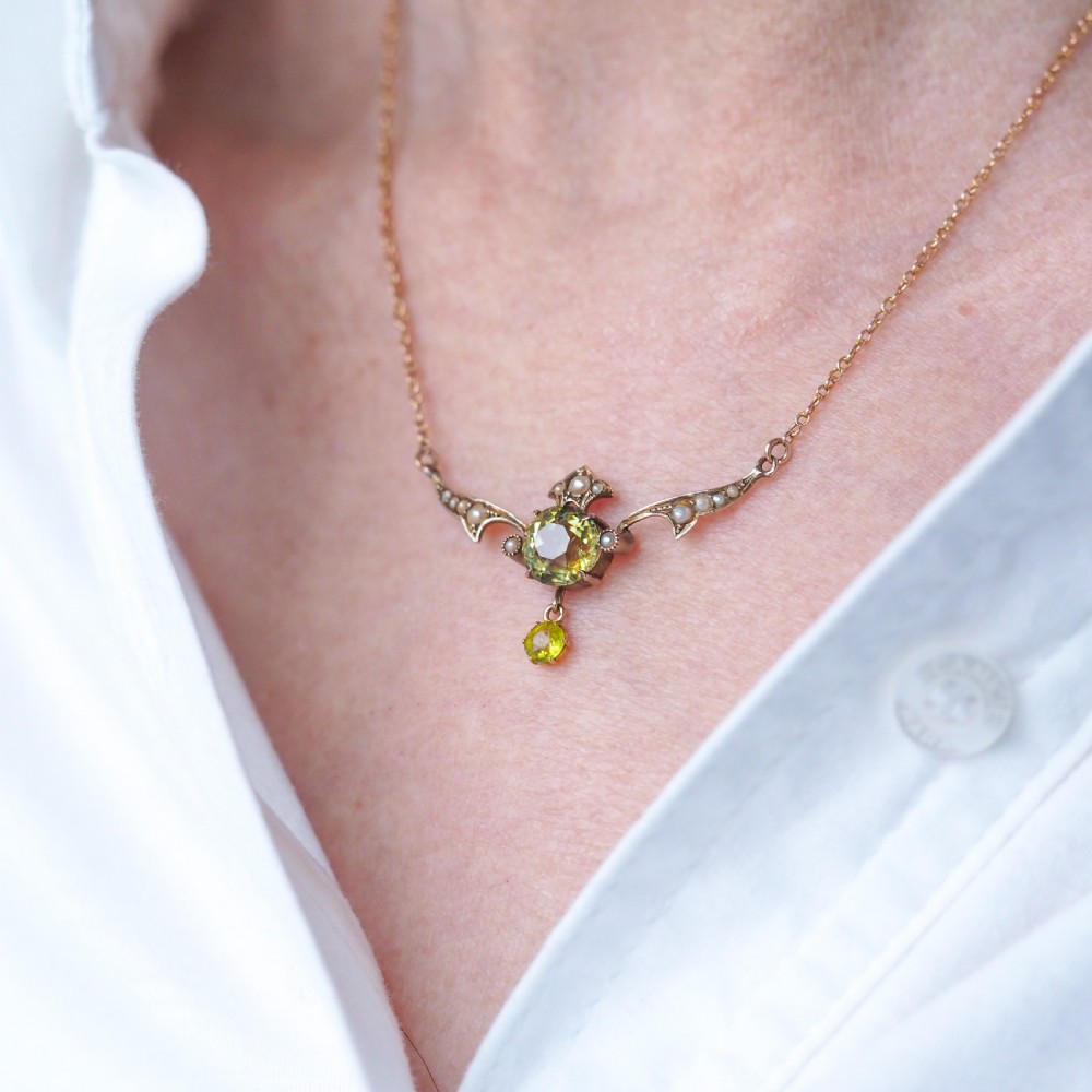 Antique Edwardian Peridot & Pearl Necklace 9K Gold Art Nouveau c.1900 View XV