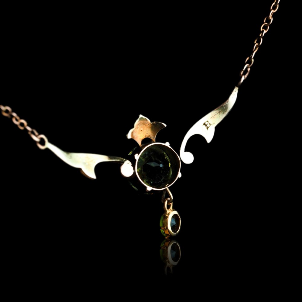 Antique Edwardian Peridot & Pearl Necklace 9K Gold Art Nouveau c.1900 View XVI