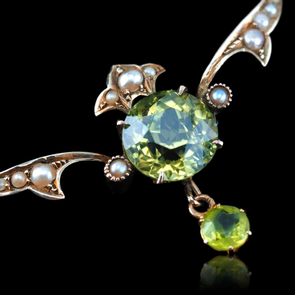 Antique Edwardian Peridot & Pearl Necklace 9K Gold Art Nouveau c.1900 View XVII