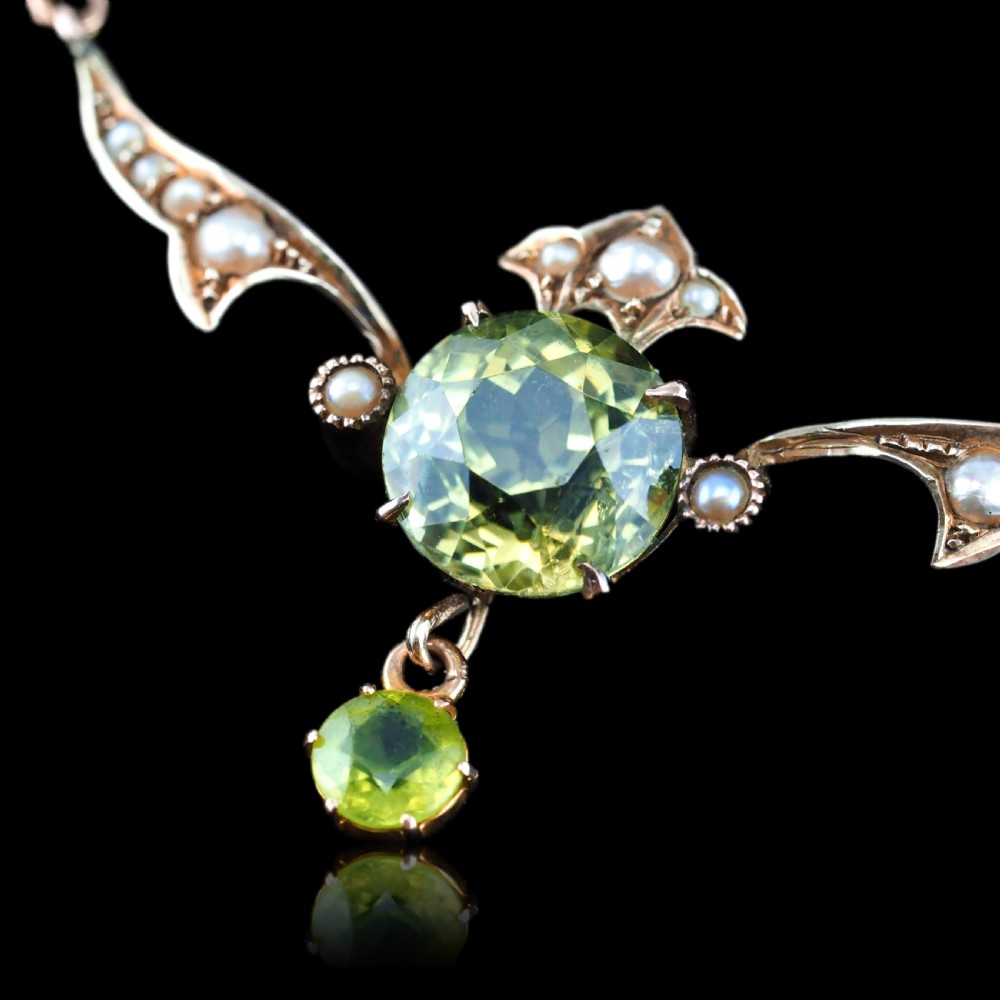 Antique Edwardian Peridot & Pearl Necklace 9K Gold Art Nouveau c.1900 View XVIII