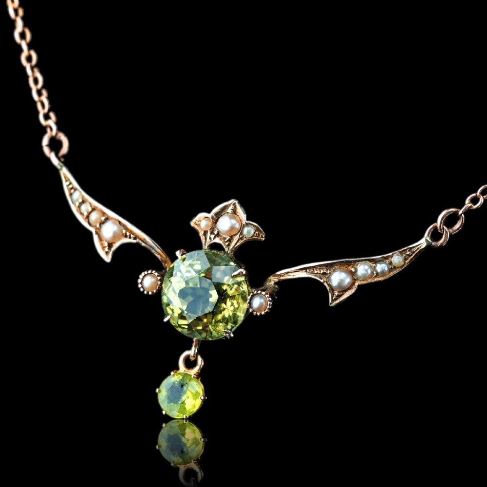 Antique Edwardian Peridot & Pearl Necklace 9K Gold Art Nouveau c.1900 View XIX