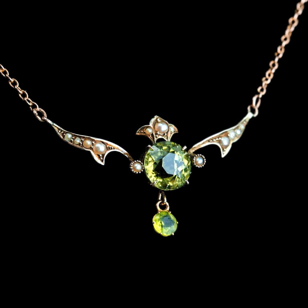 Antique Edwardian Peridot & Pearl Necklace 9K Gold Art Nouveau c.1900 View XX