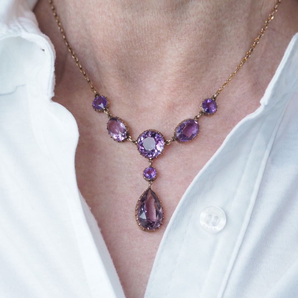 Antique Amethyst Necklace with Riviere/Drop Design 9K Gold c.1900 View II