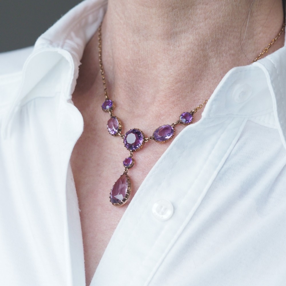 Antique Amethyst Necklace with Riviere/Drop Design 9K Gold c.1900 View IV