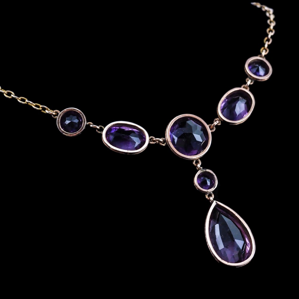Antique Amethyst Necklace with Riviere/Drop Design 9K Gold c.1900 View IX
