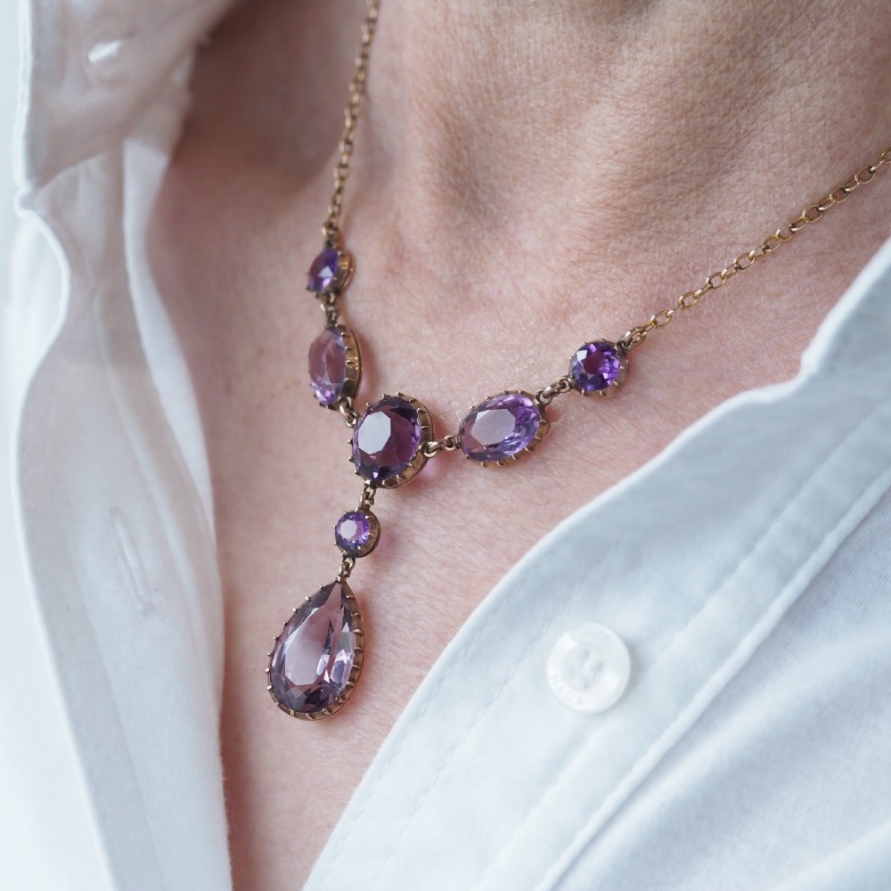 Antique Amethyst Necklace with Riviere/Drop Design 9K Gold c.1900 View XII