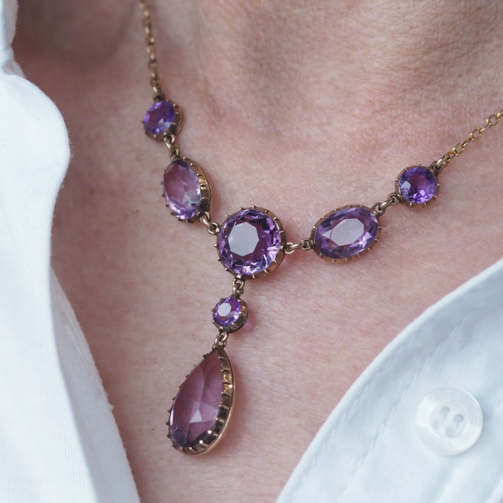 Antique Amethyst Necklace with Riviere/Drop Design 9K Gold c.1900 View XIII