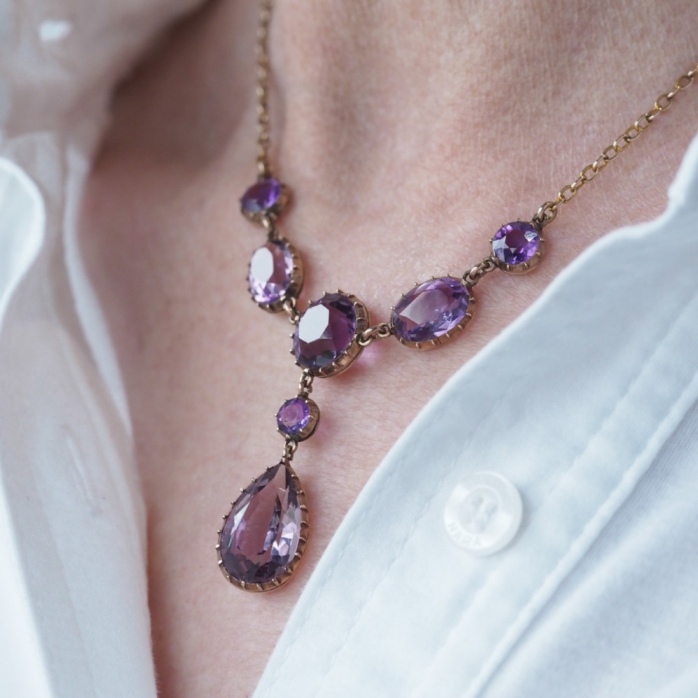 Antique Amethyst Necklace with Riviere/Drop Design 9K Gold c.1900 View XIV