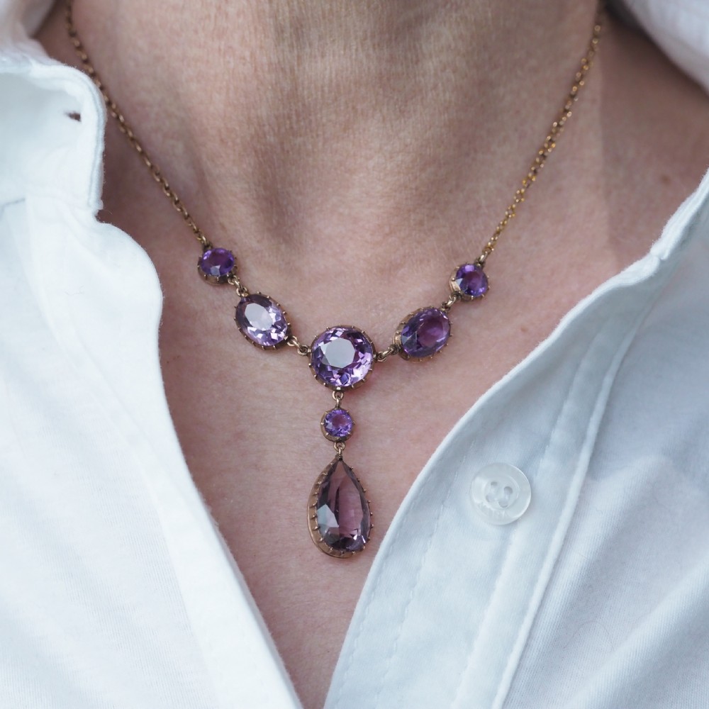 Antique Amethyst Necklace with Riviere/Drop Design 9K Gold c.1900 View XV