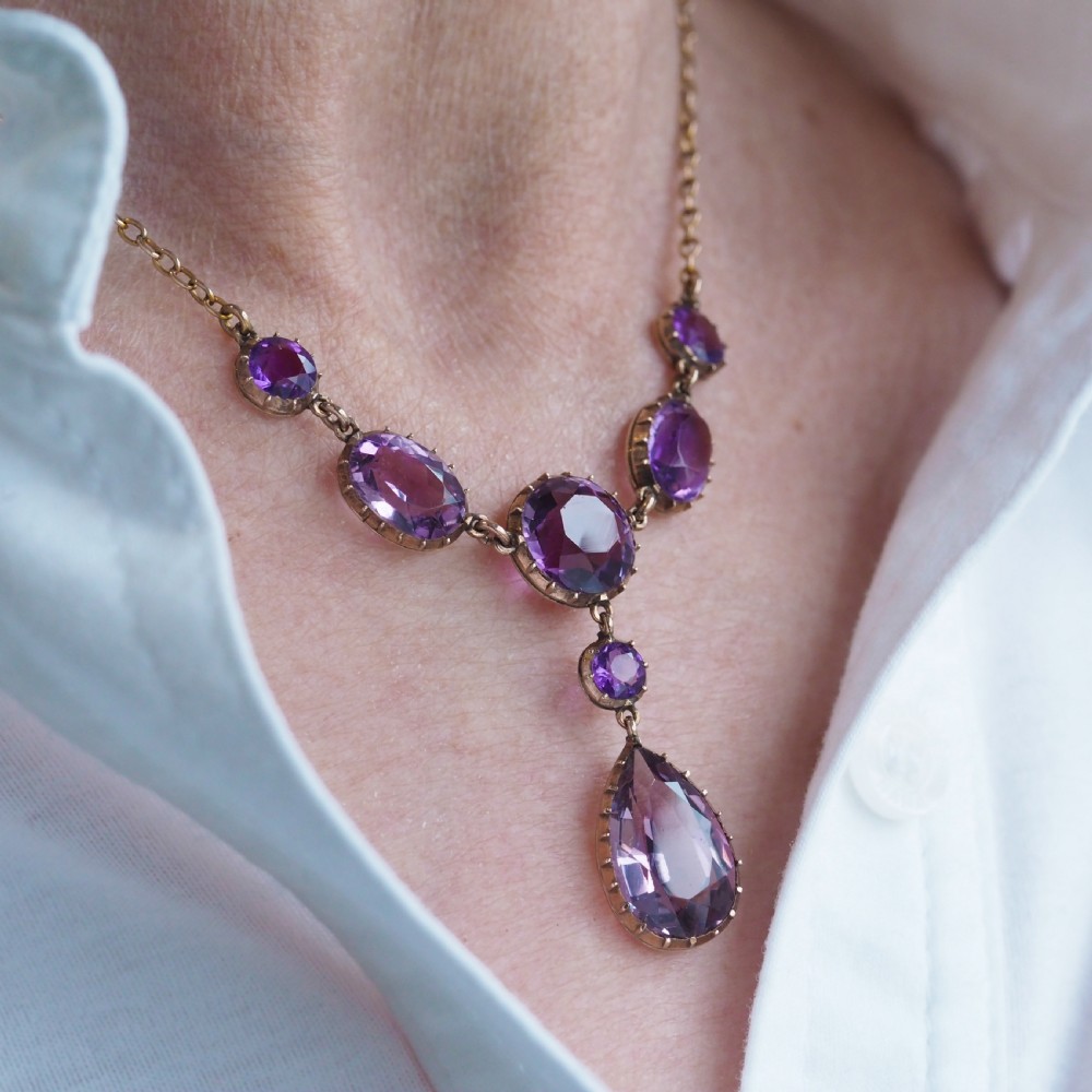 Antique Amethyst Necklace with Riviere/Drop Design 9K Gold c.1900 View XVII