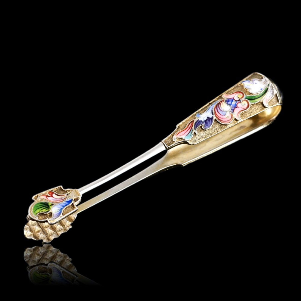 Antique Russian Silver Enamel Sugar Tongs Cloisonne - Maria Semenova c.1900