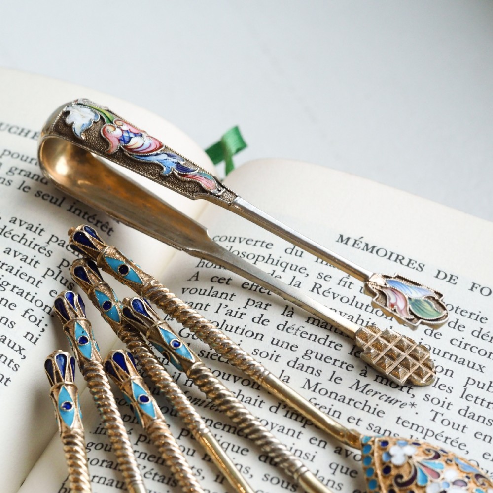 Antique Russian Silver Enamel Sugar Tongs Cloisonne - Maria Semenova c.1900 View II