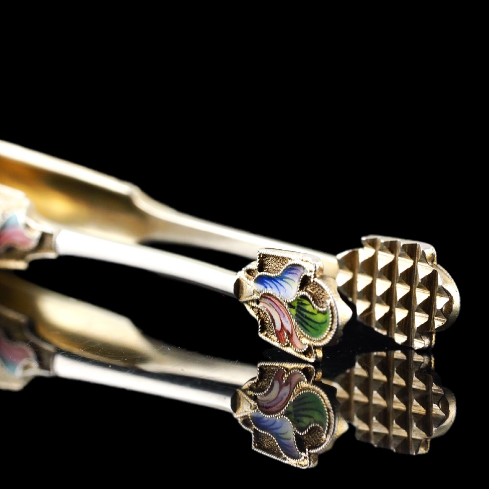 Antique Russian Silver Enamel Sugar Tongs Cloisonne - Maria Semenova c.1900 View V