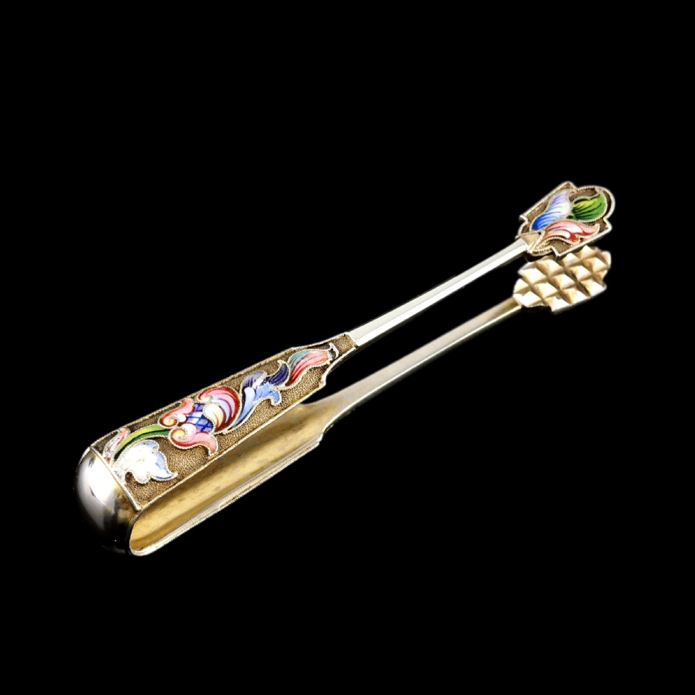 Antique Russian Silver Enamel Sugar Tongs Cloisonne - Maria Semenova c.1900 View X