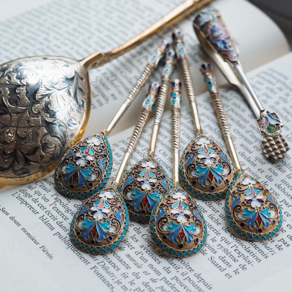 Antique Russian Silver Enamel Sugar Tongs Cloisonne - Maria Semenova c.1900 View XI