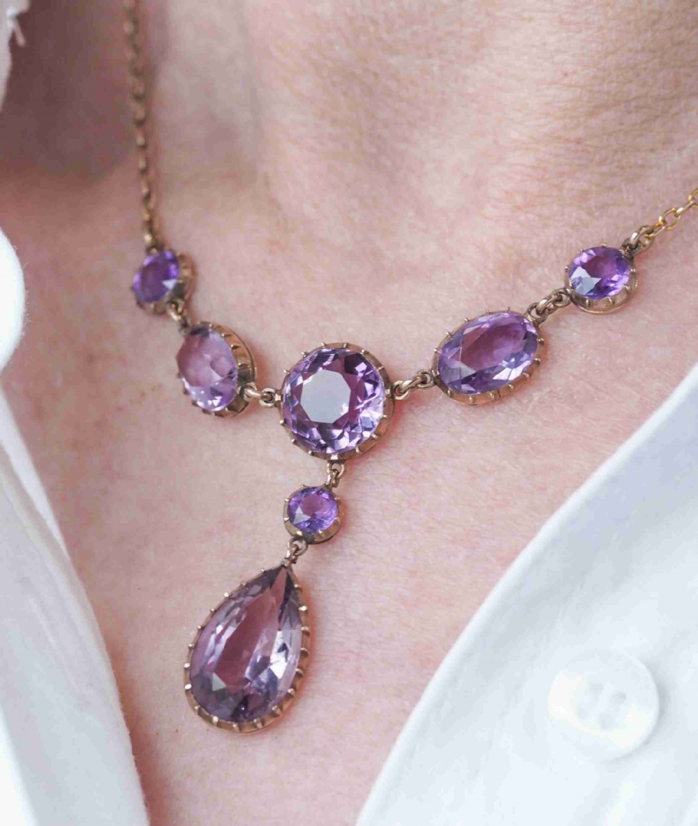 Antique Amethyst Necklace with Riviere/Drop Design 9K Gold c.1900