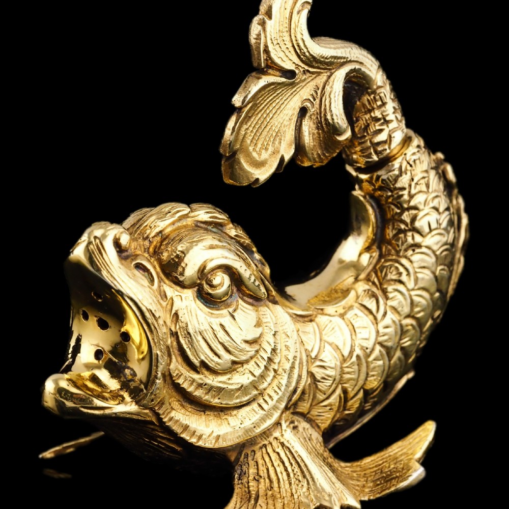 Sterling Silver Gilt Salt and Pepper Shakers in the form of Fish/Dolphin View III