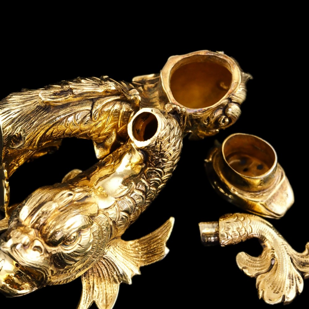 Sterling Silver Gilt Salt and Pepper Shakers in the form of Fish/Dolphin View X