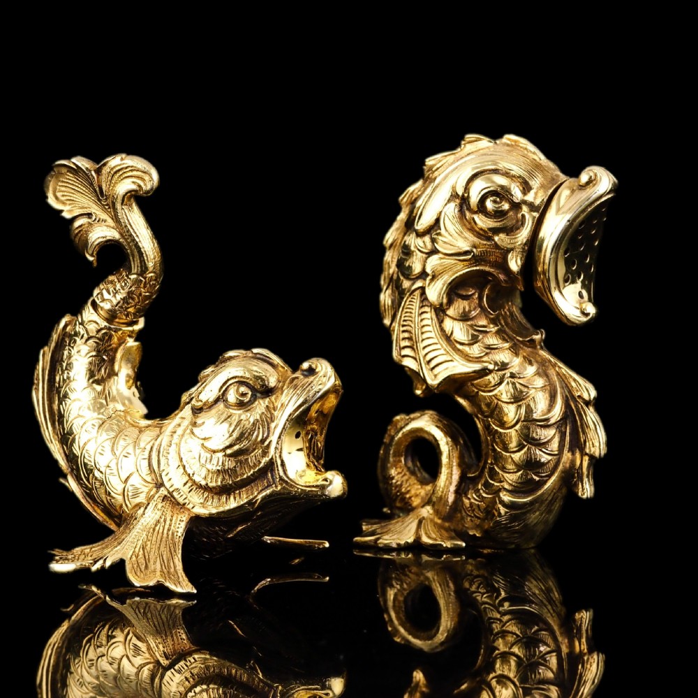 Sterling Silver Gilt Salt and Pepper Shakers in the form of Fish/Dolphin View XII
