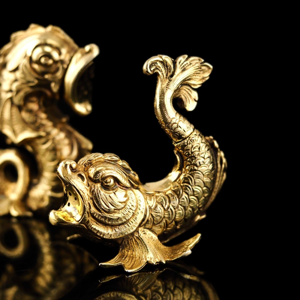 Sterling Silver Gilt Salt and Pepper Shakers in the form of Fish/Dolphin View XV