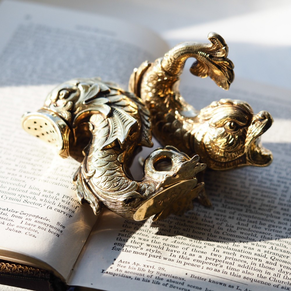 Sterling Silver Gilt Salt and Pepper Shakers in the form of Fish/Dolphin View XXI