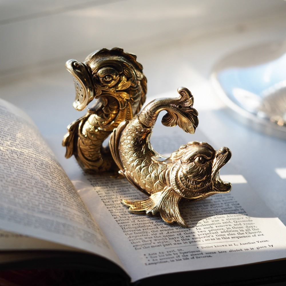 Sterling Silver Gilt Salt and Pepper Shakers in the form of Fish/Dolphin View XXII
