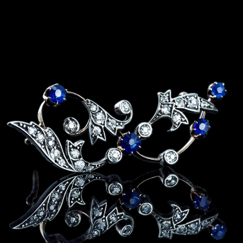 Antique Victorian Sapphire and Diamond Brooch with Foliate Motif 9K Gold- c.1880