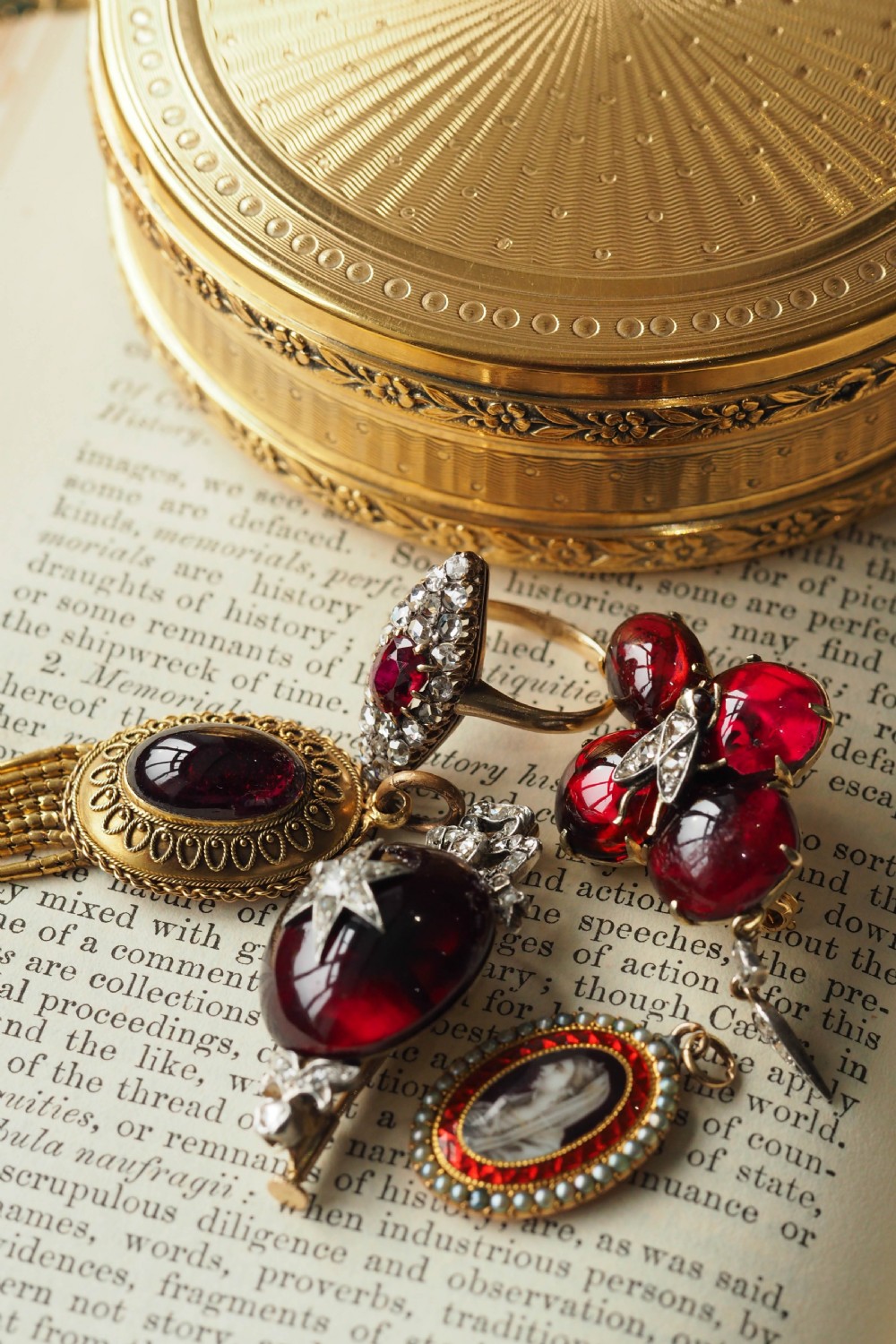 Victorian gold brooch pendant set with four deep red cabochon garnets, a diamond-encrusted insect motif at the centre, and an articulated diamond drop. View XXII