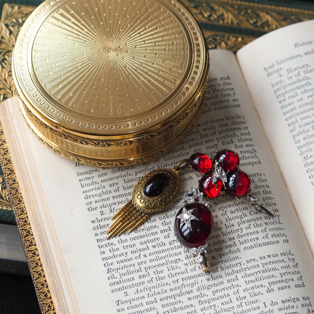 Victorian gold brooch pendant set with four deep red cabochon garnets, a diamond-encrusted insect motif at the centre, and an articulated diamond drop. View XXIV