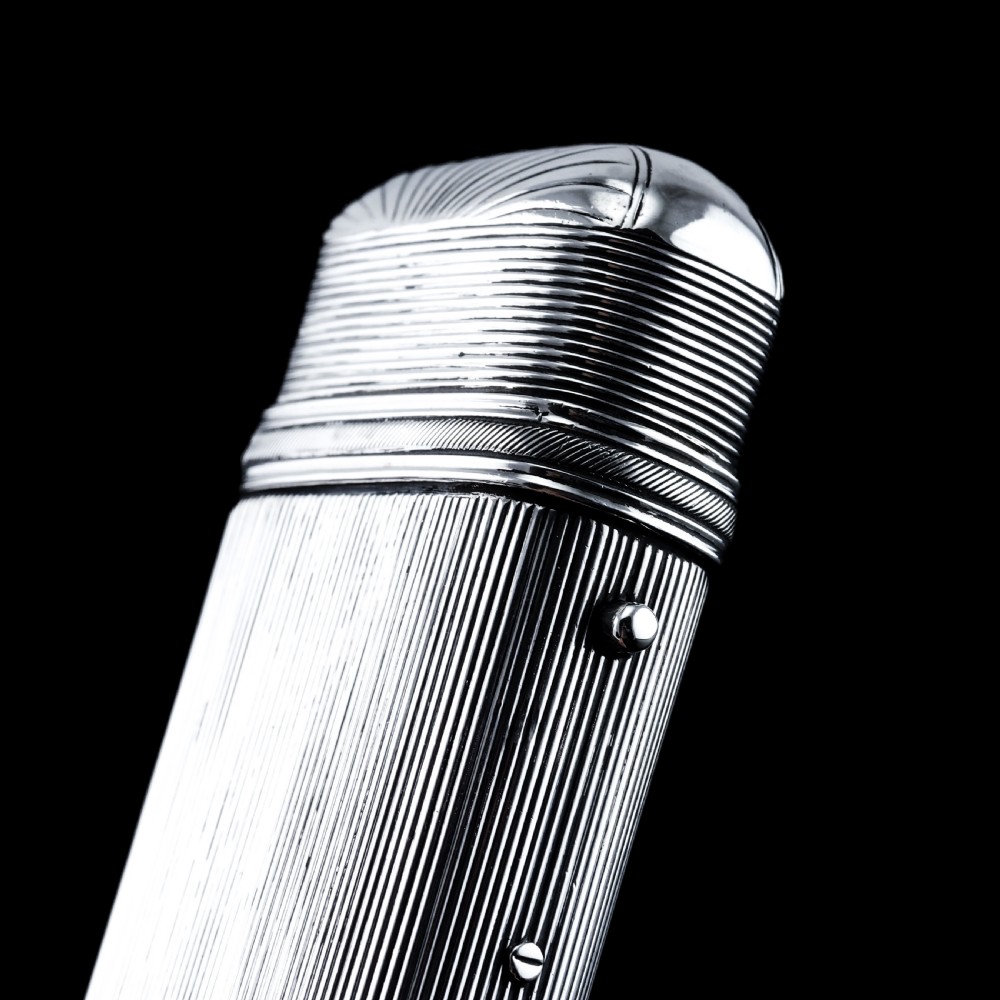 A 19th-century Dutch solid silver cigar case featuring a reeded linear texture and rounded ends with fan-shaped engraving. View XV