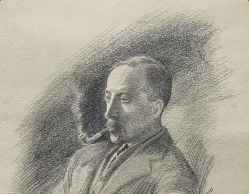fig 3. SUPERB ORIGINAL 19thc ENGLISH SCHOOL PENCIL PORTRAIT PAINTING OF A SMOKING GENT