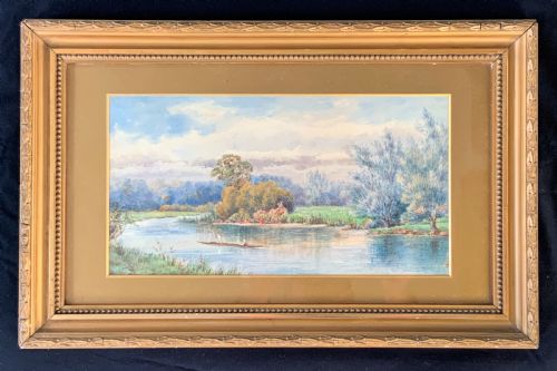 fig 1. 'Punting On The Colne' Early 1900s English River Landscape Watercolour Painting