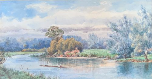 'Punting on the Colne' Early 1900s English River Landscape Watercolour Painting