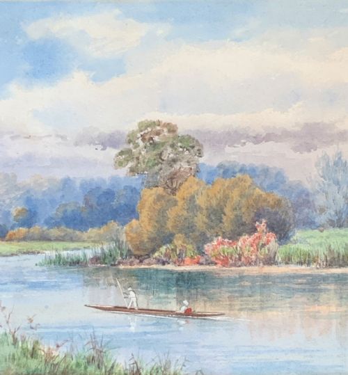 fig 3. 'Punting On The Colne' Early 1900s English River Landscape Watercolour Painting