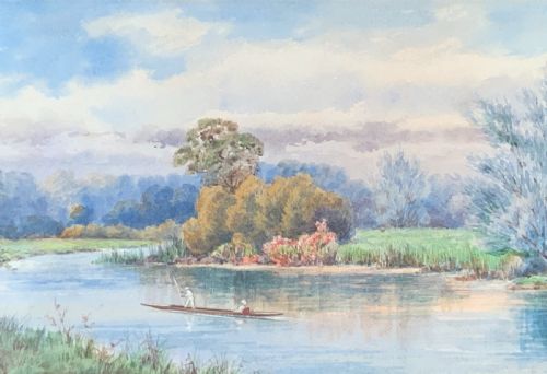 fig 6. 'Punting On The Colne' Early 1900s English River Landscape Watercolour Painting