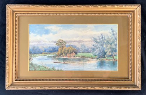 fig 7. 'Punting On The Colne' Early 1900s English River Landscape Watercolour Painting