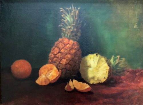 fig 1. Large Early 1900s Original Antique Fruit Still Life Study Oil On Canvas Painting
