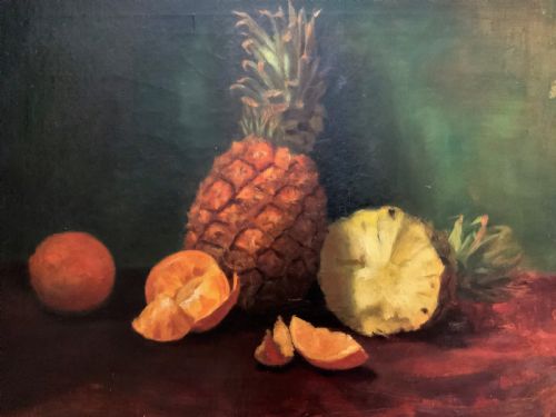 fig 2. Large Early 1900s Original Antique Fruit Still Life Study Oil On Canvas Painting