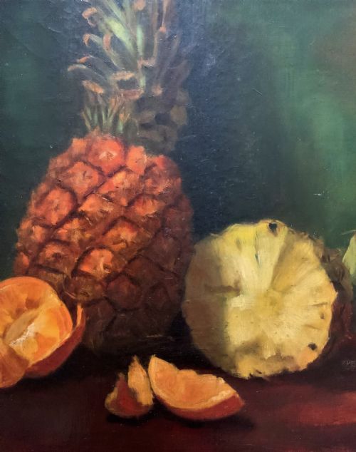 fig 5. Large Early 1900s Original Antique Fruit Still Life Study Oil On Canvas Painting