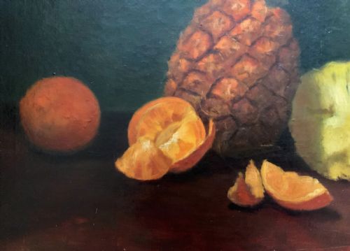 fig 6. Large Early 1900s Original Antique Fruit Still Life Study Oil On Canvas Painting