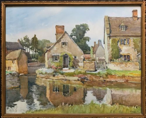 fig 1. Gorgeous Early 20thc Country River Hamlet British Landscape Watercolour Painting