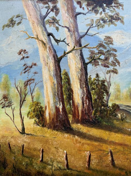 fig 3. A mid-century oil landscape painting depicting tall gum trees beside a lake against blue mountains, framed in a gilt and fabric-lined wooden frame.