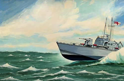 fig 3. A British Naval Gunboat At Full Speed - Vintage Antique Seascape Oil Painting