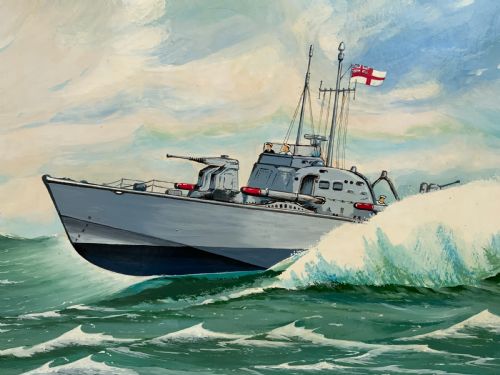 fig 4. A British Naval Gunboat At Full Speed - Vintage Antique Seascape Oil Painting