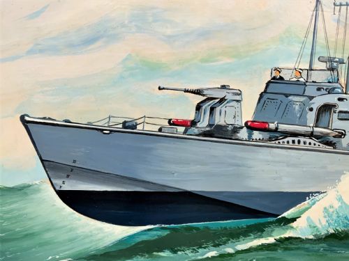 fig 7. A British Naval Gunboat At Full Speed - Vintage Antique Seascape Oil Painting