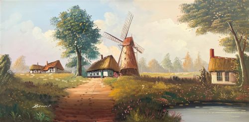 HUGE IMPRESSIVE MID 20TH CENTURY COUNTRY DUTCH WINDMILL LANDSCAPE OIL PAINTING - ADDITIONAL PHOTO 2