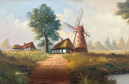 HUGE IMPRESSIVE MID 20TH CENTURY COUNTRY DUTCH WINDMILL LANDSCAPE OIL PAINTING - ADDITIONAL PHOTO 3